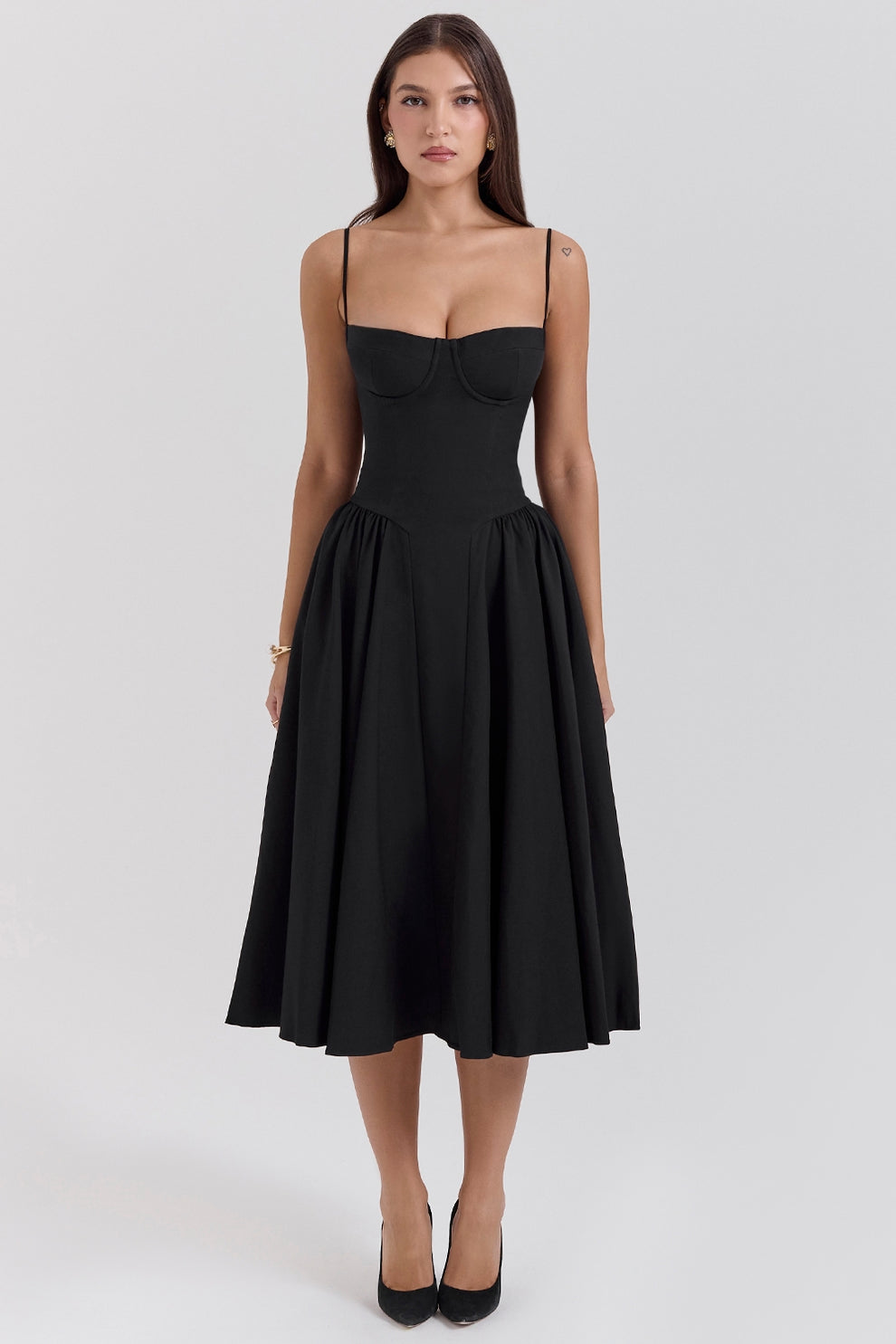MISA | Women's Sleeveless Midi Dress, Fitted Bodice Flared Formal Dress