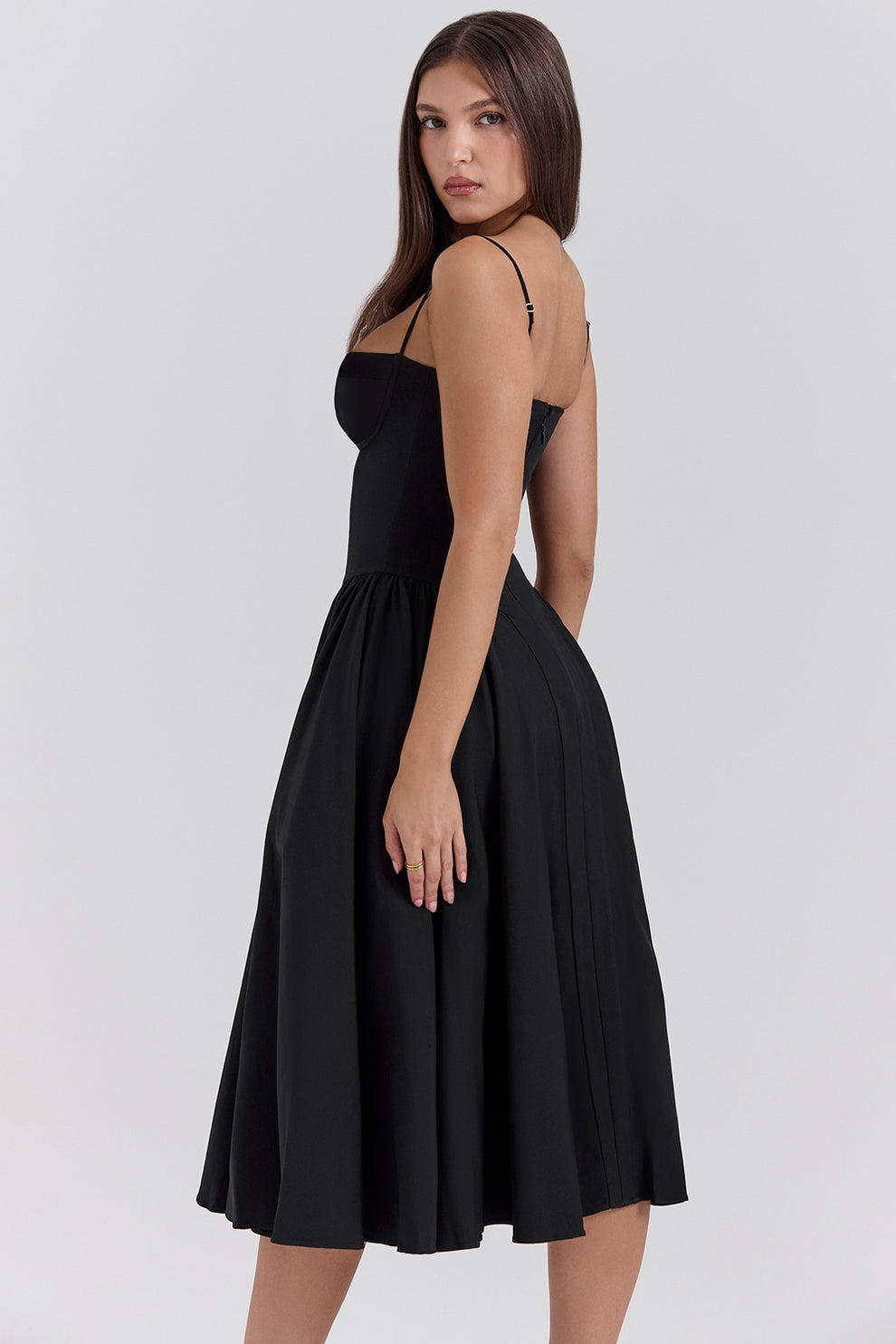 MISA | Women's Sleeveless Midi Dress, Fitted Bodice Flared Formal Dress