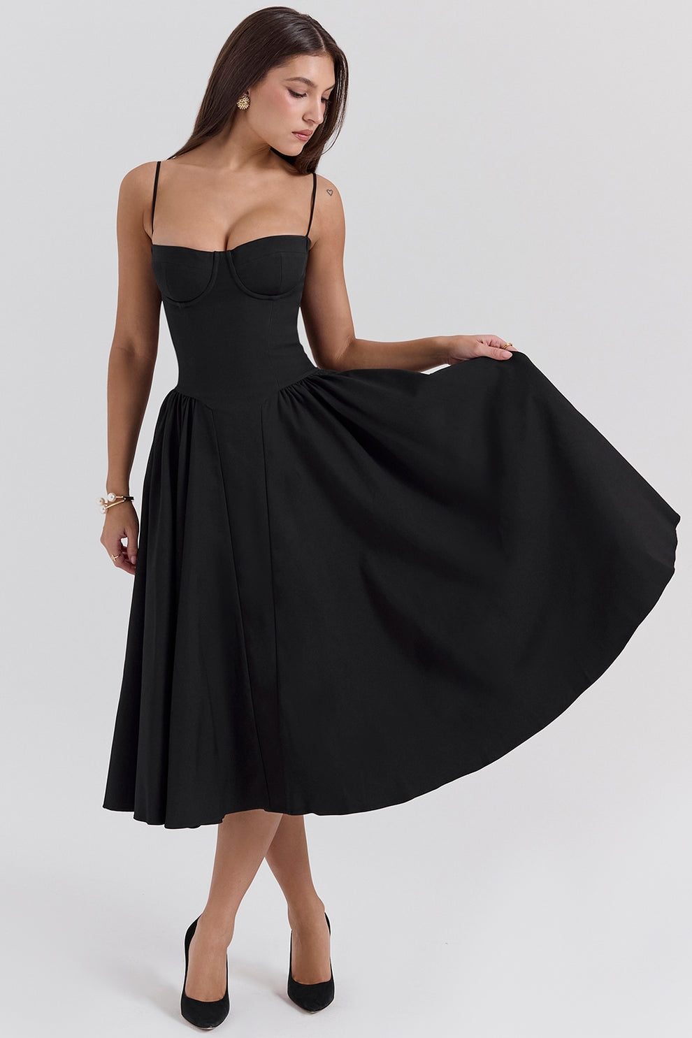 MISA | Women's Sleeveless Midi Dress, Fitted Bodice Flared Formal Dress