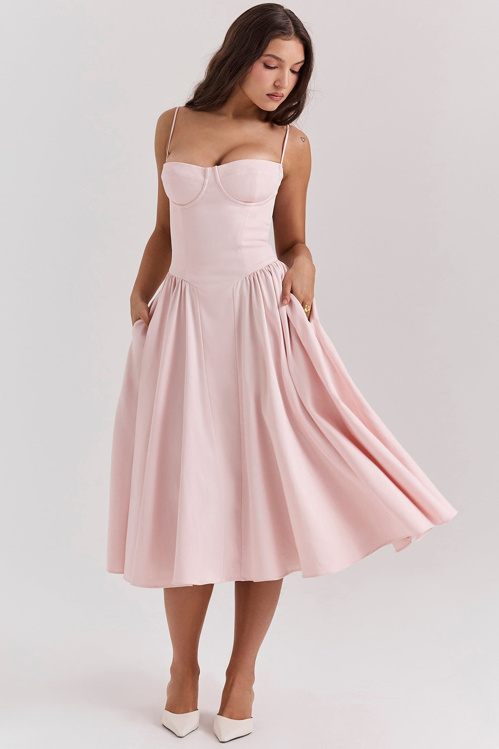 MISA | Women's Sleeveless Midi Dress, Fitted Bodice Flared Formal Dress