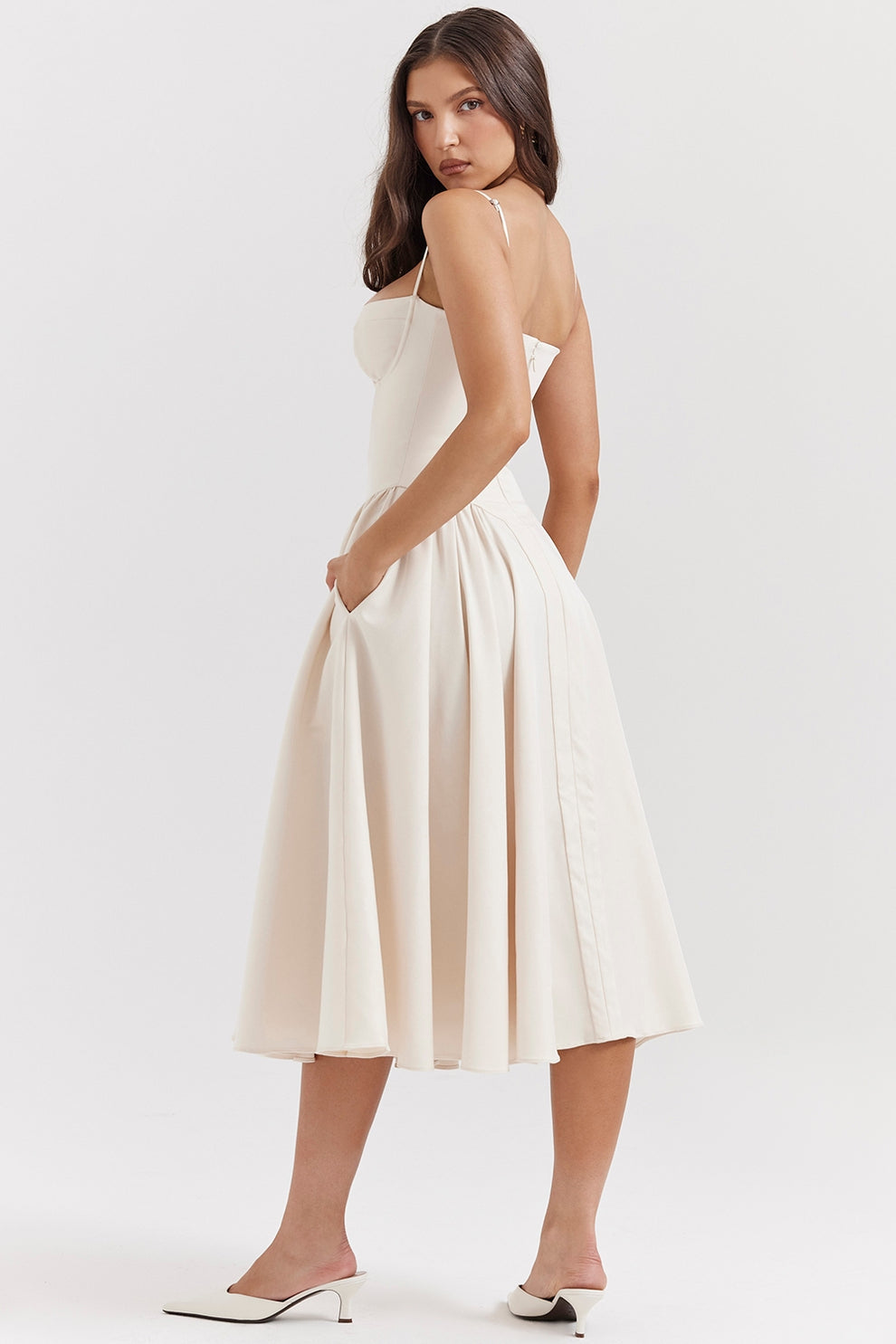 MISA | Women's Sleeveless Midi Dress, Fitted Bodice Flared Formal Dress