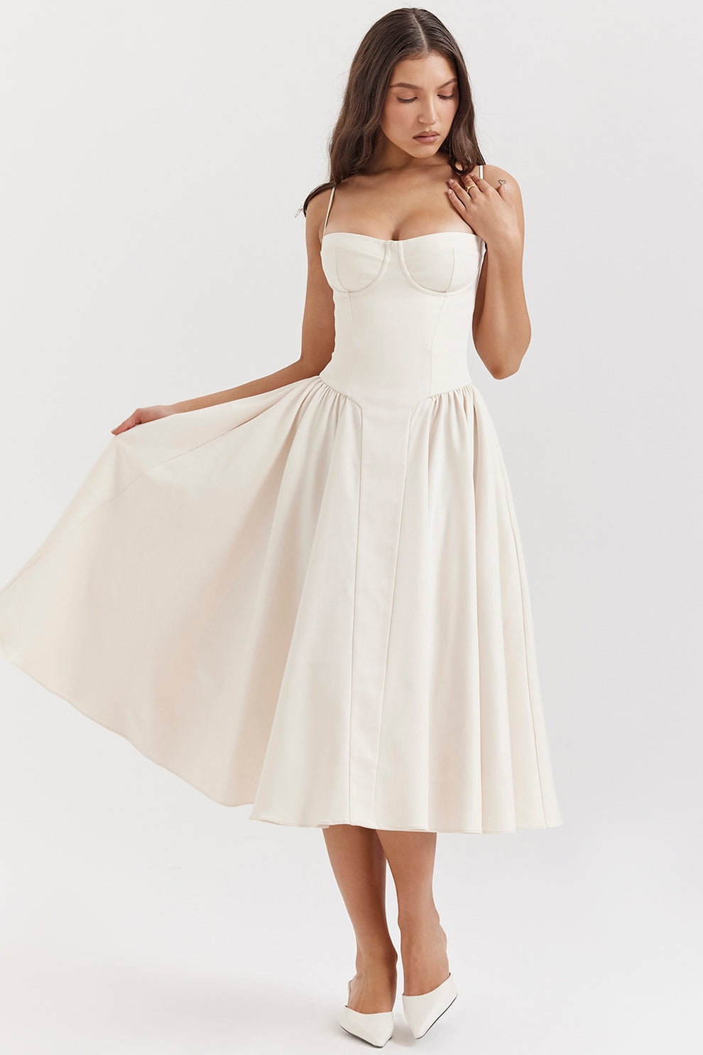 MISA | Women's Sleeveless Midi Dress, Fitted Bodice Flared Formal Dress