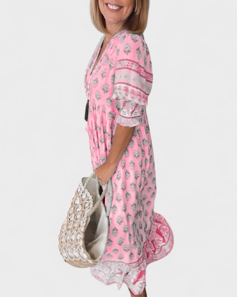 Lani | Women's Boho Tiered Dress, V-Neck Button-Front Summer Dress