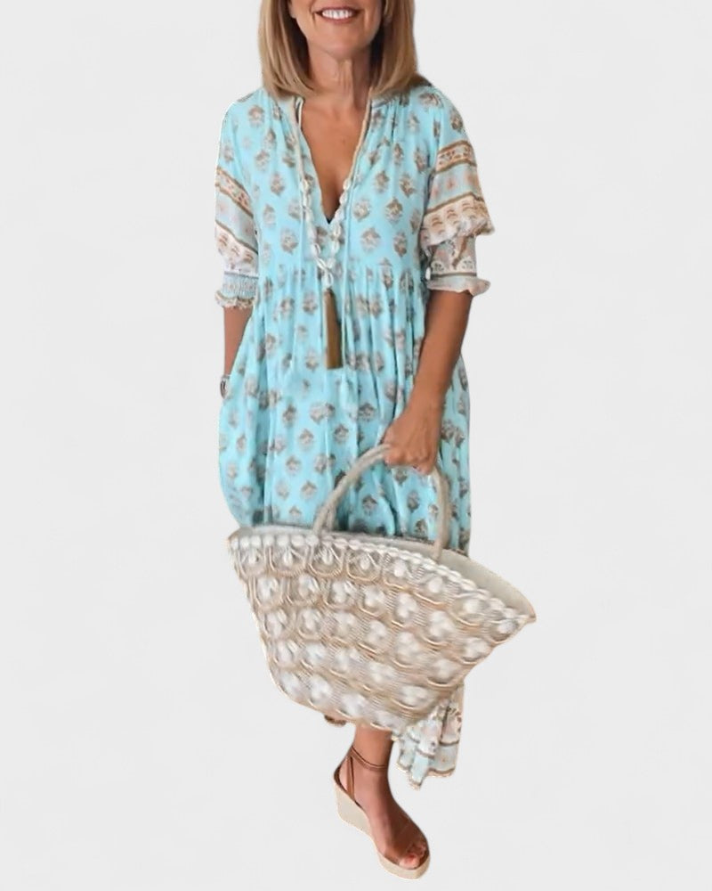 Lani | Women's Boho Tiered Dress, V-Neck Button-Front Summer Dress