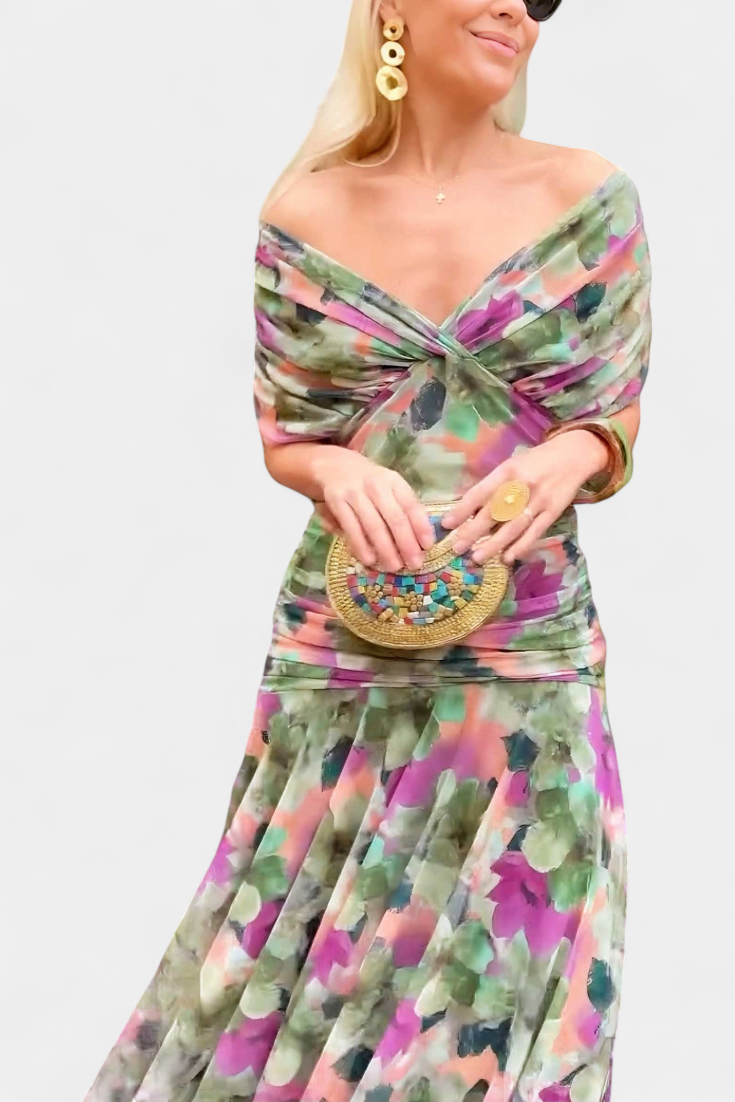 Alondra | Women's Floral V-Neck Maxi Dress, Long Pleated Waist Dress