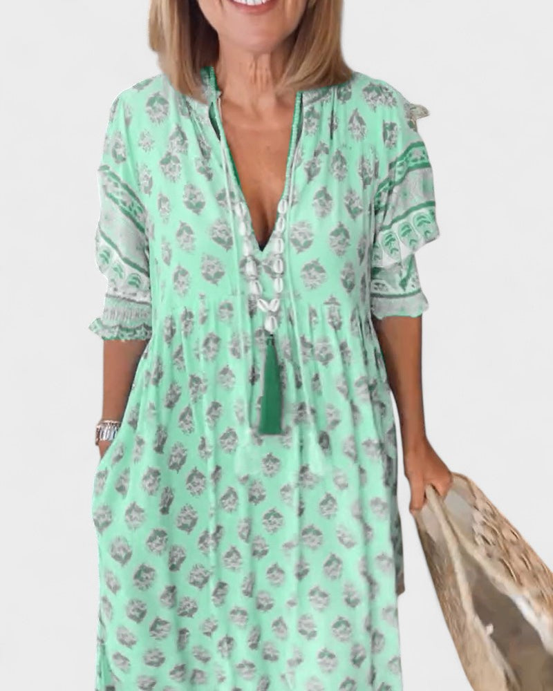 Lani | Women's Boho Tiered Dress, V-Neck Button-Front Summer Dress