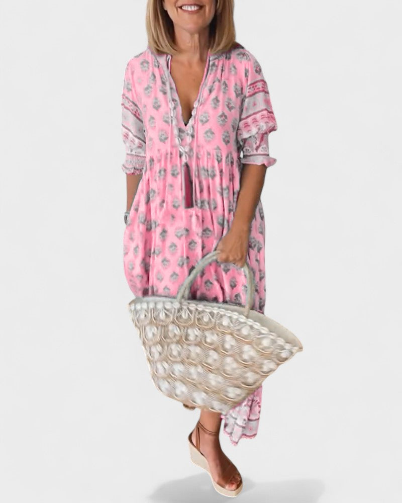 Lani | Women's Boho Tiered Dress, V-Neck Button-Front Summer Dress