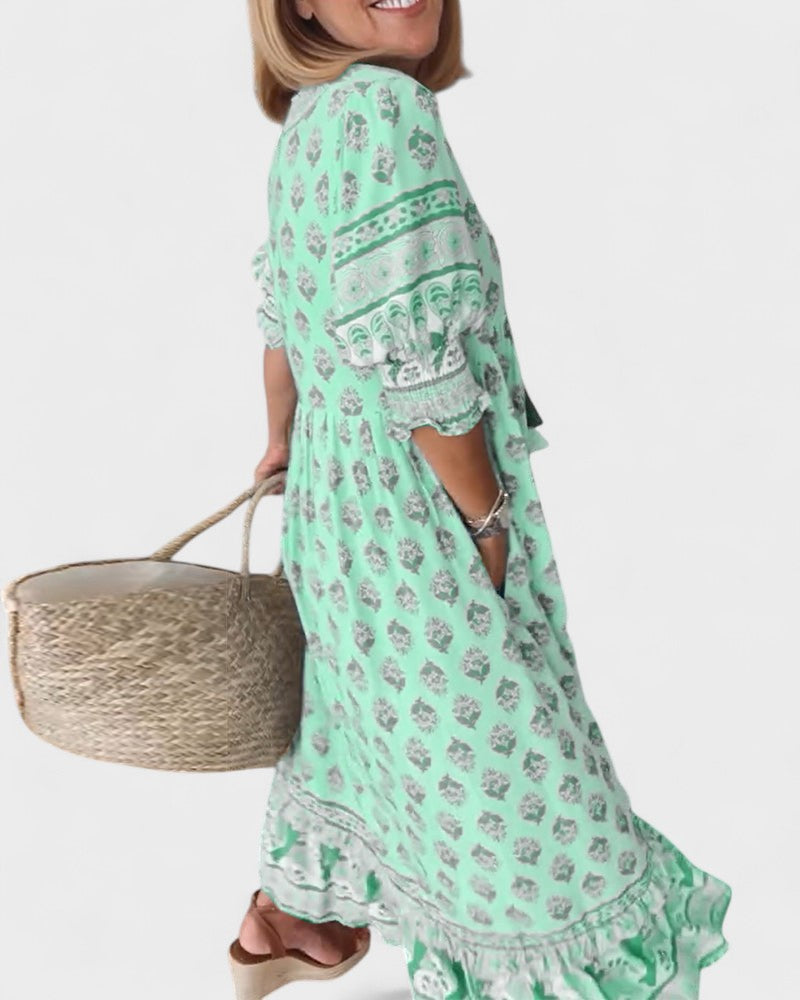 Lani | Women's Boho Tiered Dress, V-Neck Button-Front Summer Dress