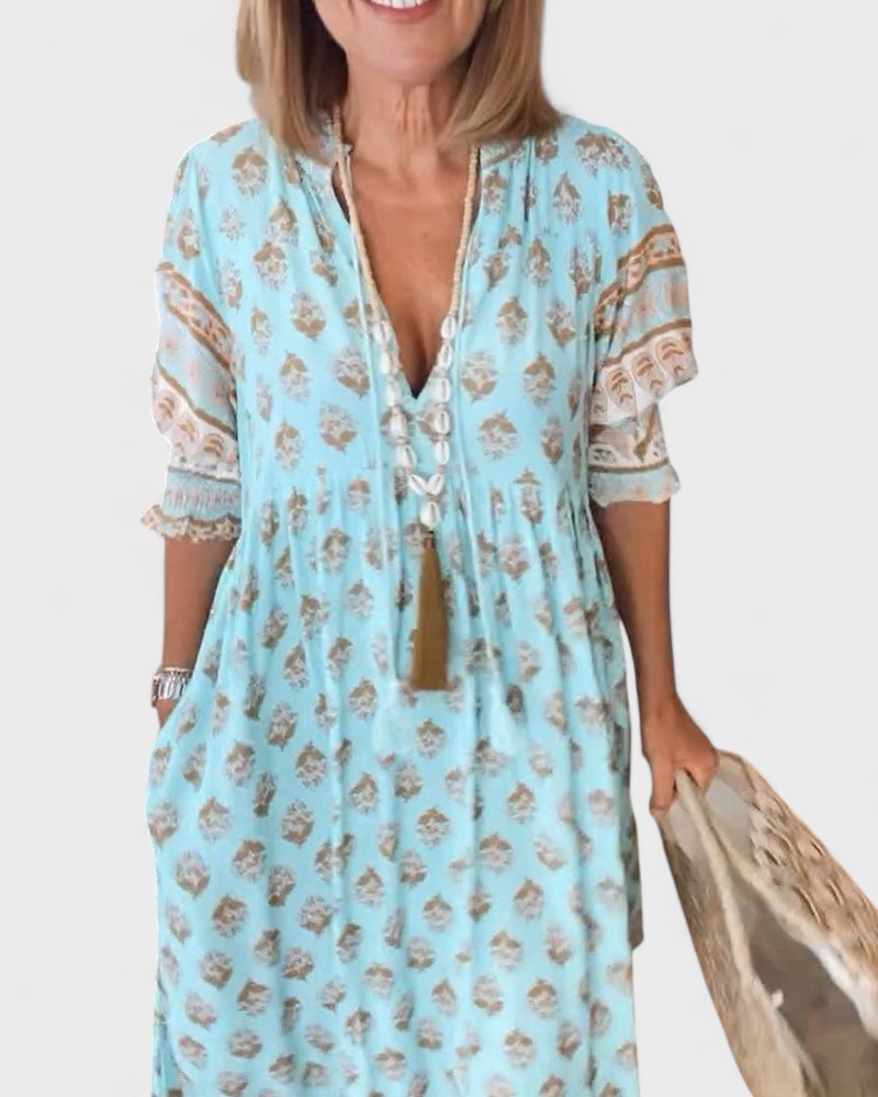 Lani | Women's Boho Tiered Dress, V-Neck Button-Front Summer Dress