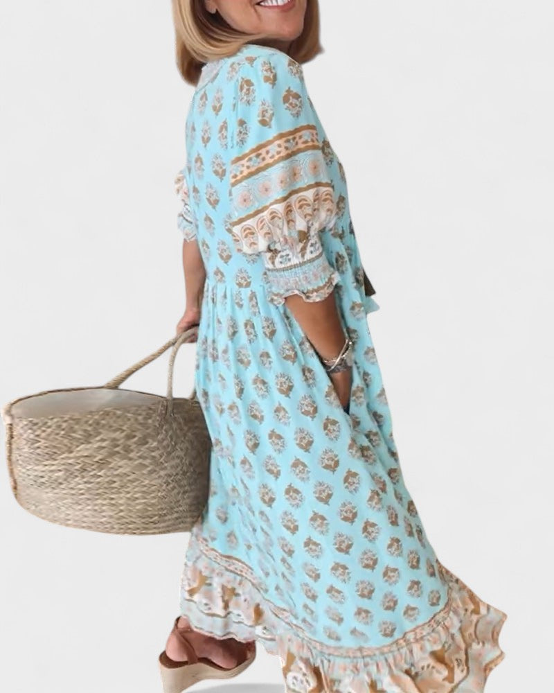 Lani | Women's Boho Tiered Dress, V-Neck Button-Front Summer Dress