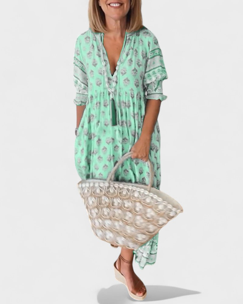 Lani | Women's Boho Tiered Dress, V-Neck Button-Front Summer Dress