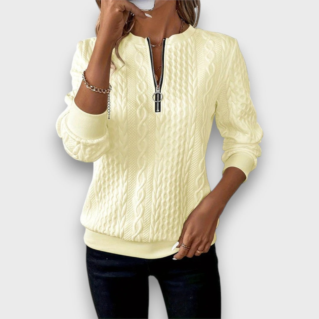 Carrie | Women's Cable Knit Zip-Front Sweater, Textured Casual Layering Sweater