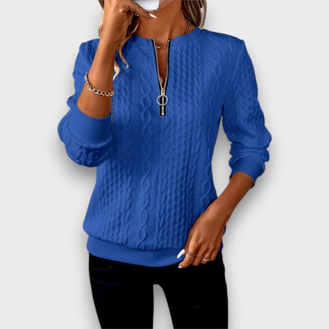 Carrie | Women's Cable Knit Zip-Front Sweater, Textured Casual Layering Sweater