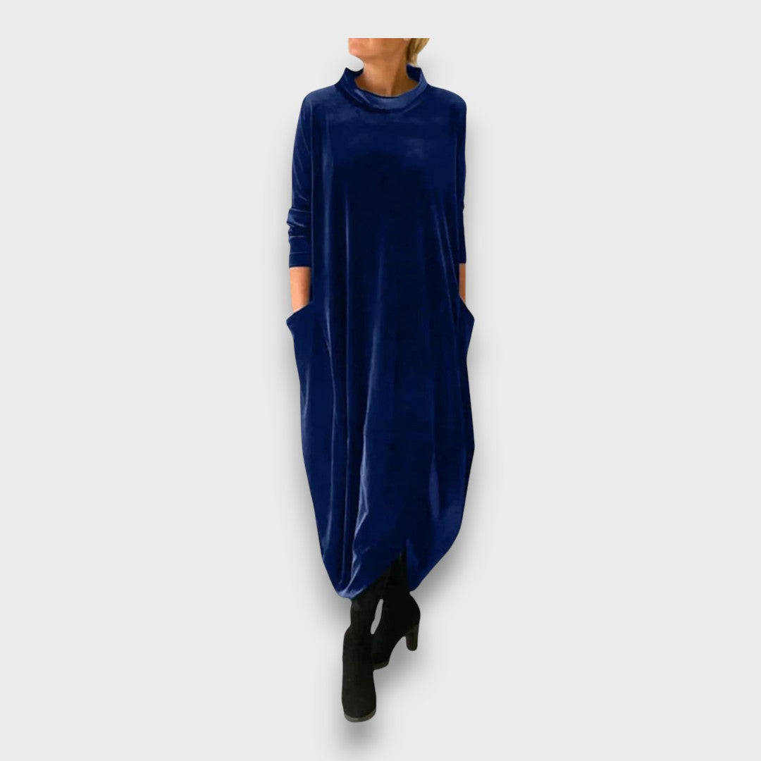 Éloura | Women's Velvet Maxi Dress, Relaxed High Neck Evening Dress with Pockets
