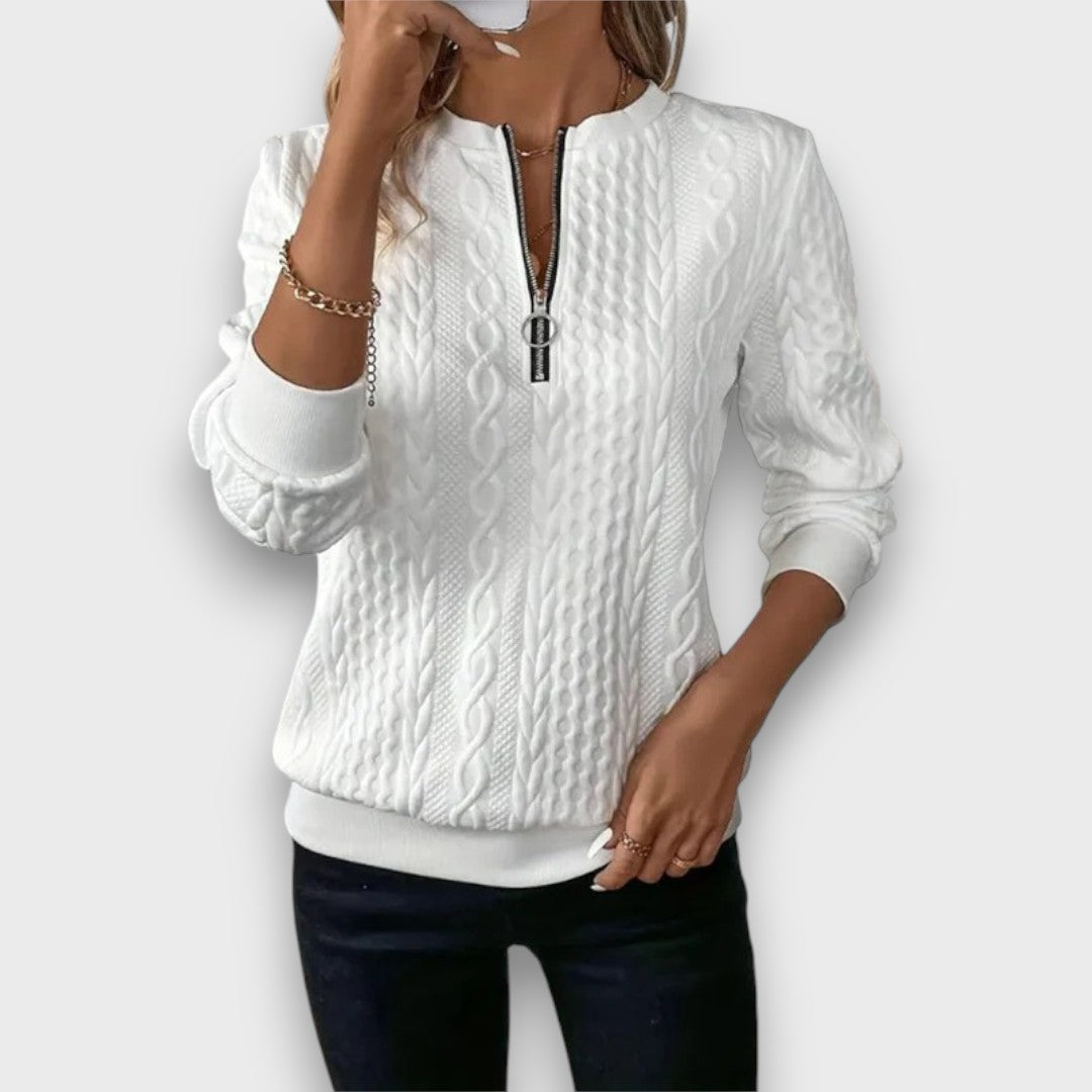 Carrie | Women's Cable Knit Zip-Front Sweater, Textured Casual Layering Sweater
