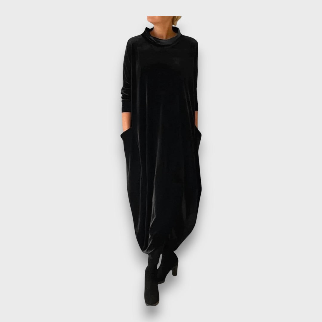 Éloura | Women's Velvet Maxi Dress, Relaxed High Neck Evening Dress with Pockets