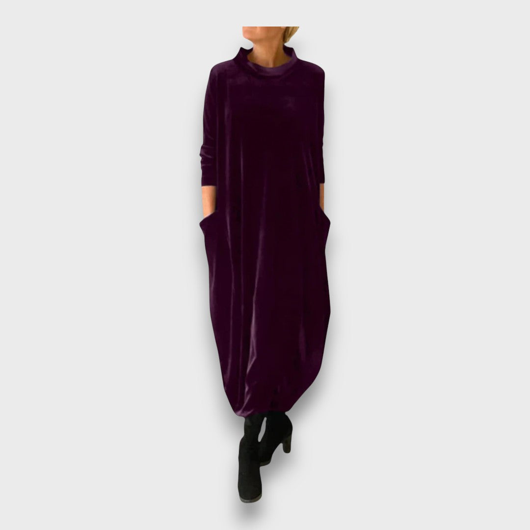 Éloura | Women's Velvet Maxi Dress, Relaxed High Neck Evening Dress with Pockets