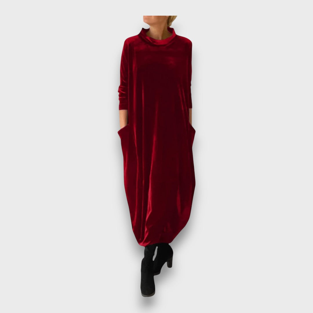 Éloura | Women's Velvet Maxi Dress, Relaxed High Neck Evening Dress with Pockets