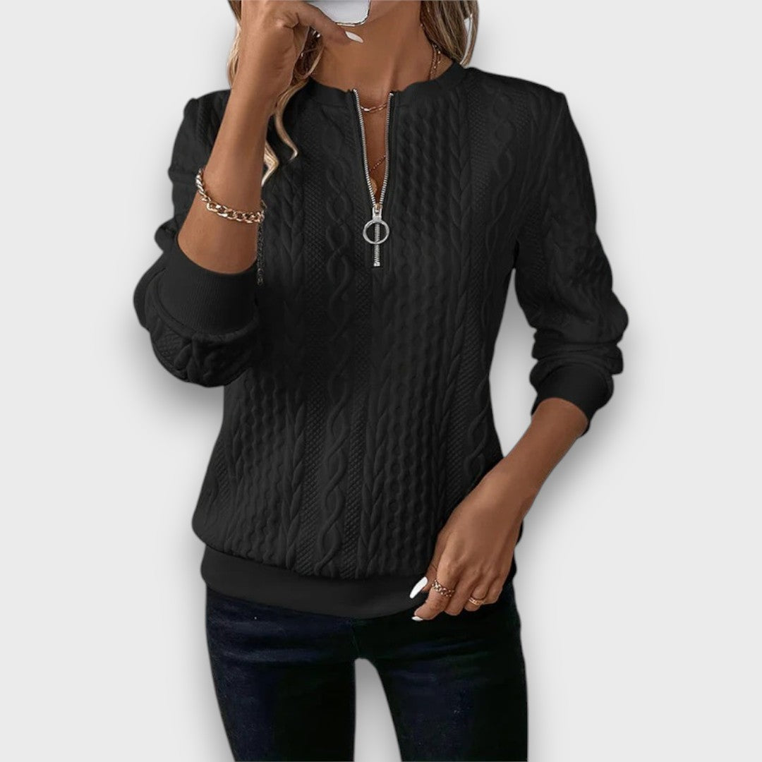 Carrie | Women's Cable Knit Zip-Front Sweater, Textured Casual Layering Sweater