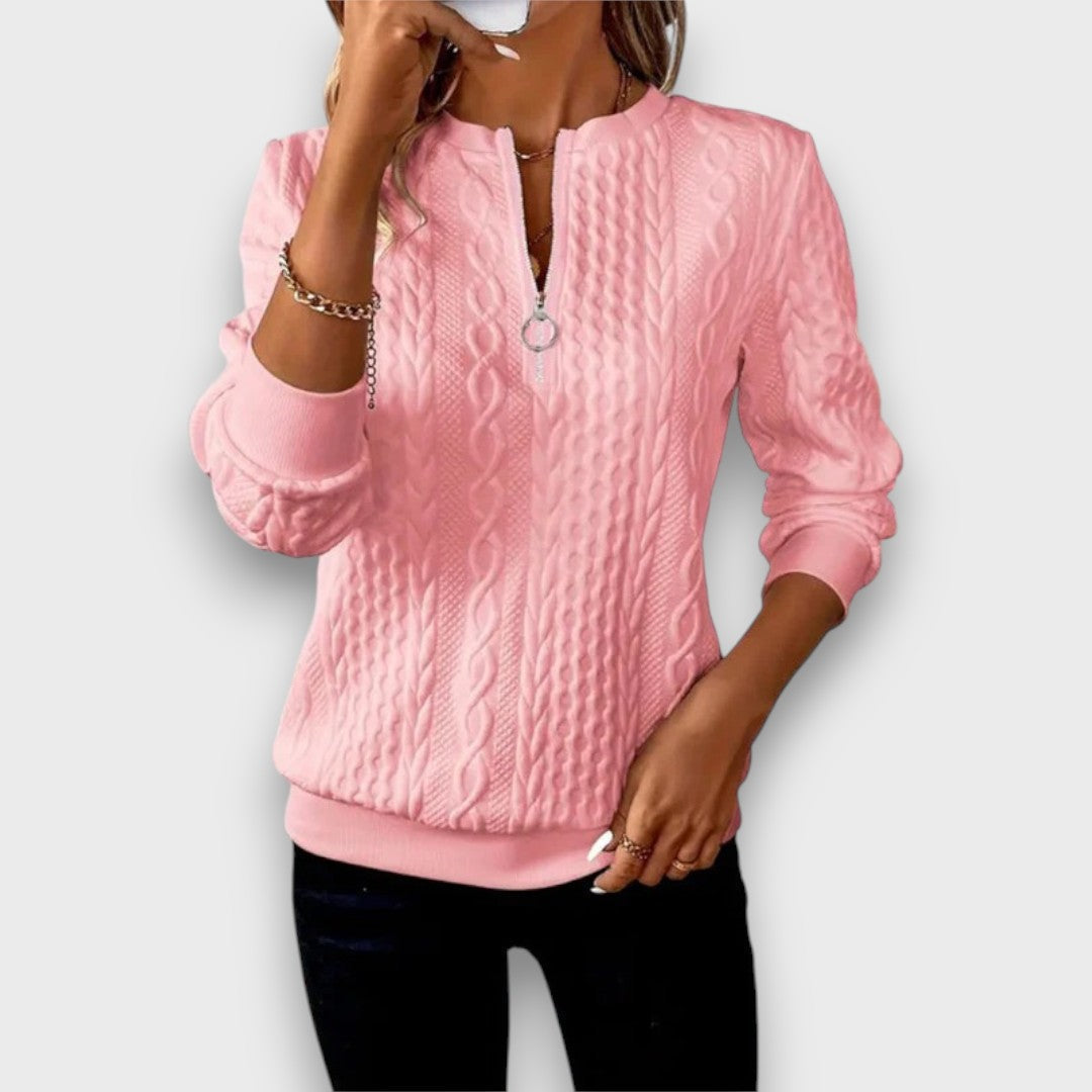 Carrie | Women's Cable Knit Zip-Front Sweater, Textured Casual Layering Sweater