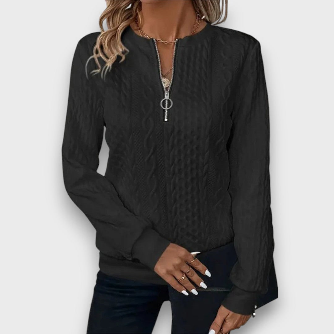 Carrie | Women's Cable Knit Zip-Front Sweater, Textured Casual Layering Sweater