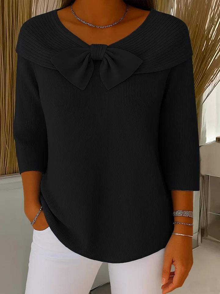 Elodie | Women's Off-Shoulder Bow Sweater, Soft Knit 3/4 Sleeve Evening Sweater