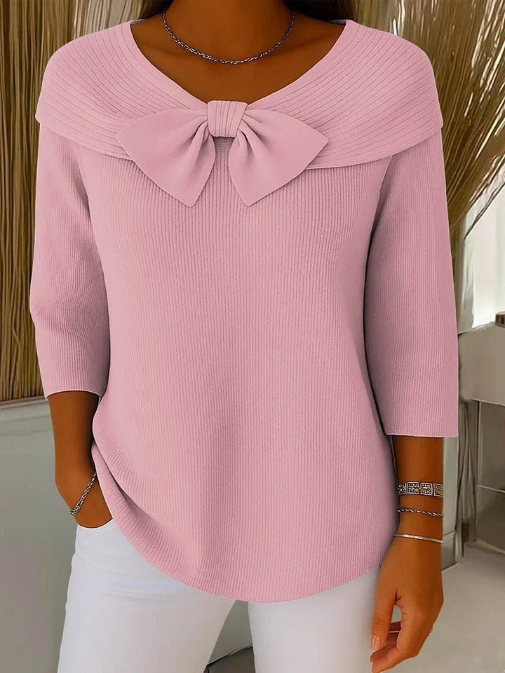 Elodie | Women's Off-Shoulder Bow Sweater, Soft Knit 3/4 Sleeve Evening Sweater