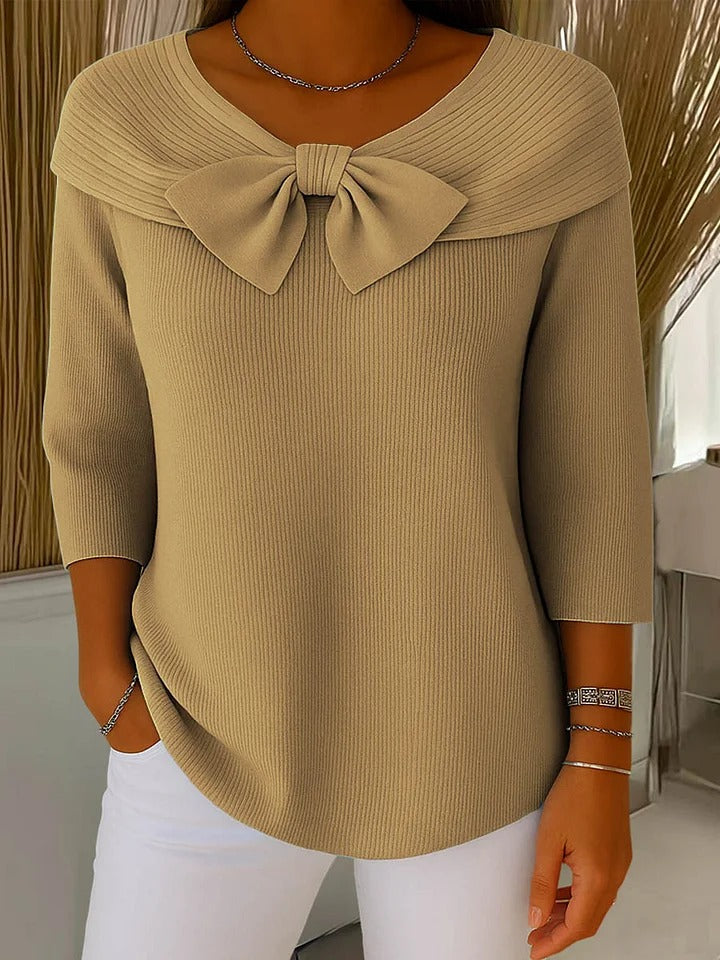 Elodie | Women's Off-Shoulder Bow Sweater, Soft Knit 3/4 Sleeve Evening Sweater