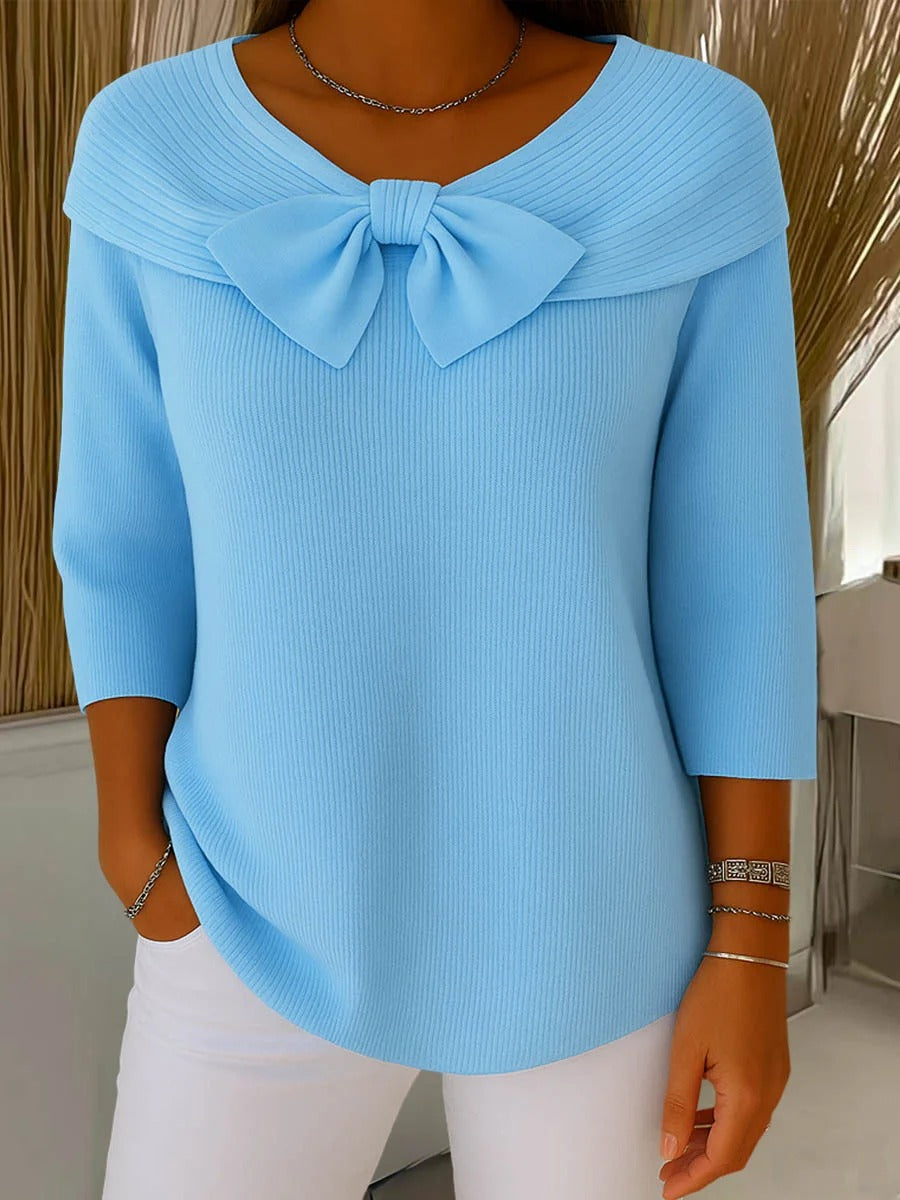 Elodie | Women's Off-Shoulder Bow Sweater, Soft Knit 3/4 Sleeve Evening Sweater