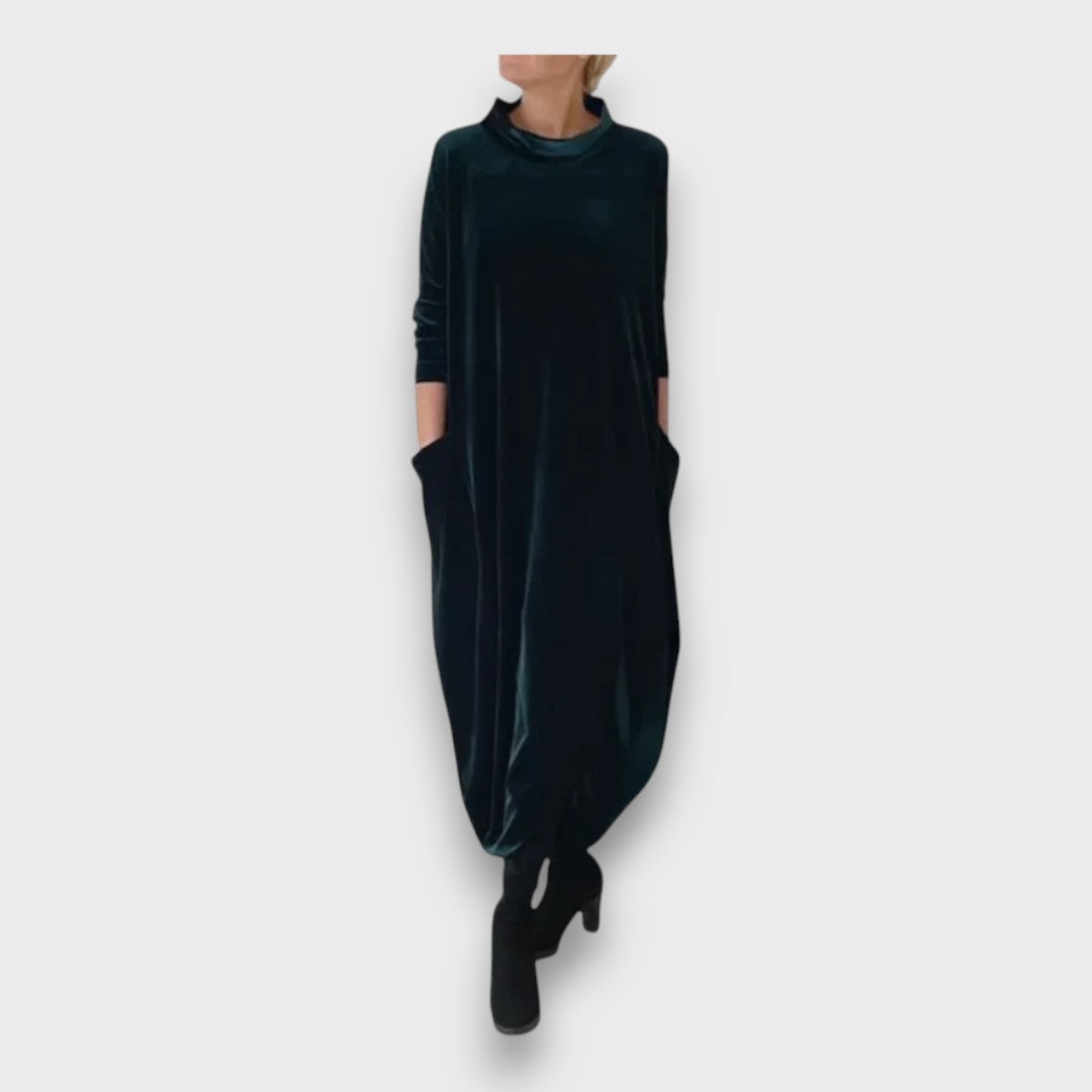 Éloura | Women's Velvet Maxi Dress, Relaxed High Neck Evening Dress with Pockets