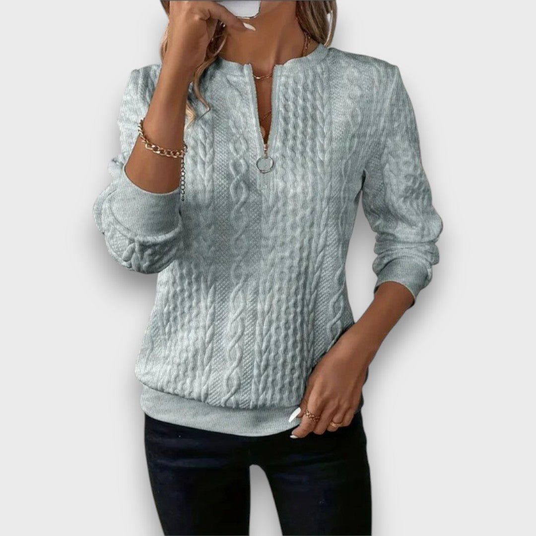 Carrie | Women's Cable Knit Zip-Front Sweater, Textured Casual Layering Sweater