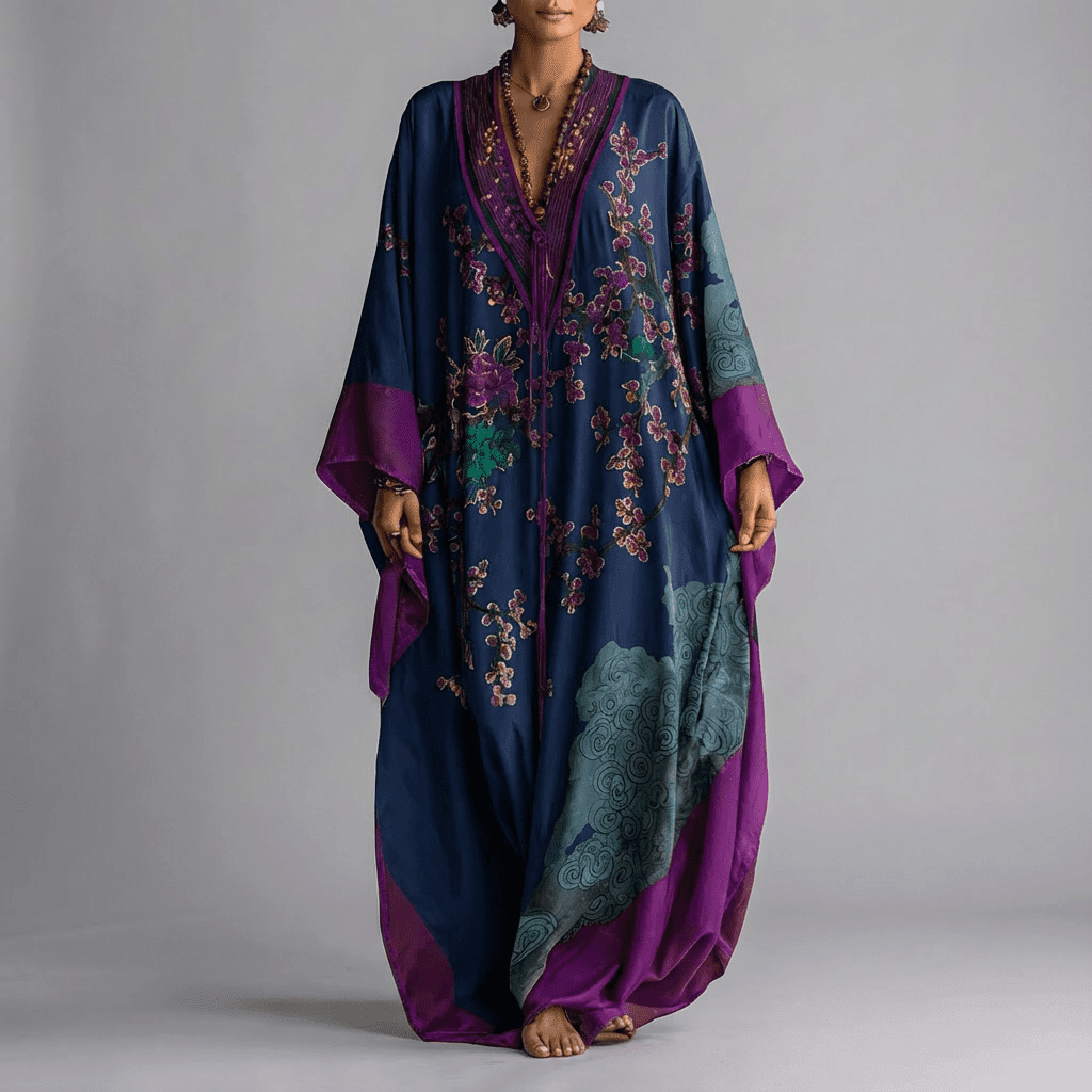 Women's Plum Blossom Print Maxi Dress, Batwing Sleeve Flowy Vacation Dress