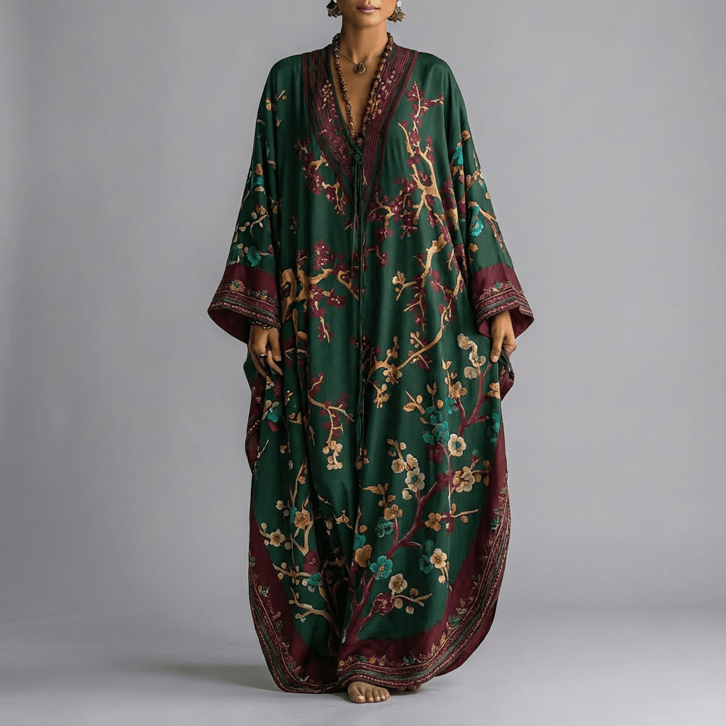 Women's Plum Blossom Print Maxi Dress, Batwing Sleeve Flowy Vacation Dress
