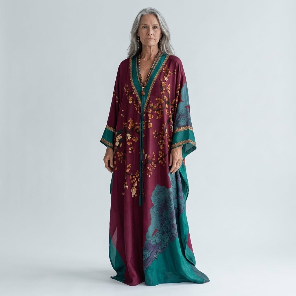 Women's Plum Blossom Print Maxi Dress, Batwing Sleeve Flowy Vacation Dress