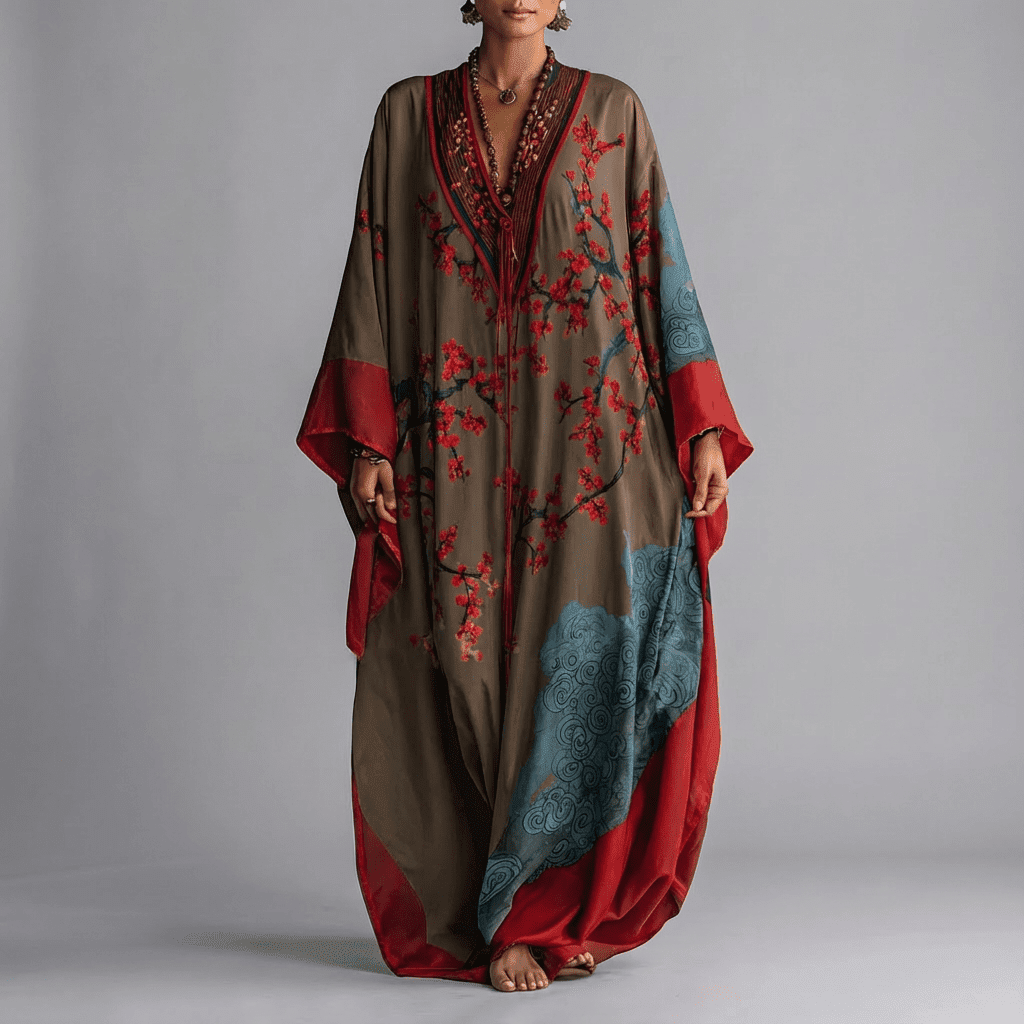 Women's Plum Blossom Print Maxi Dress, Batwing Sleeve Flowy Vacation Dress