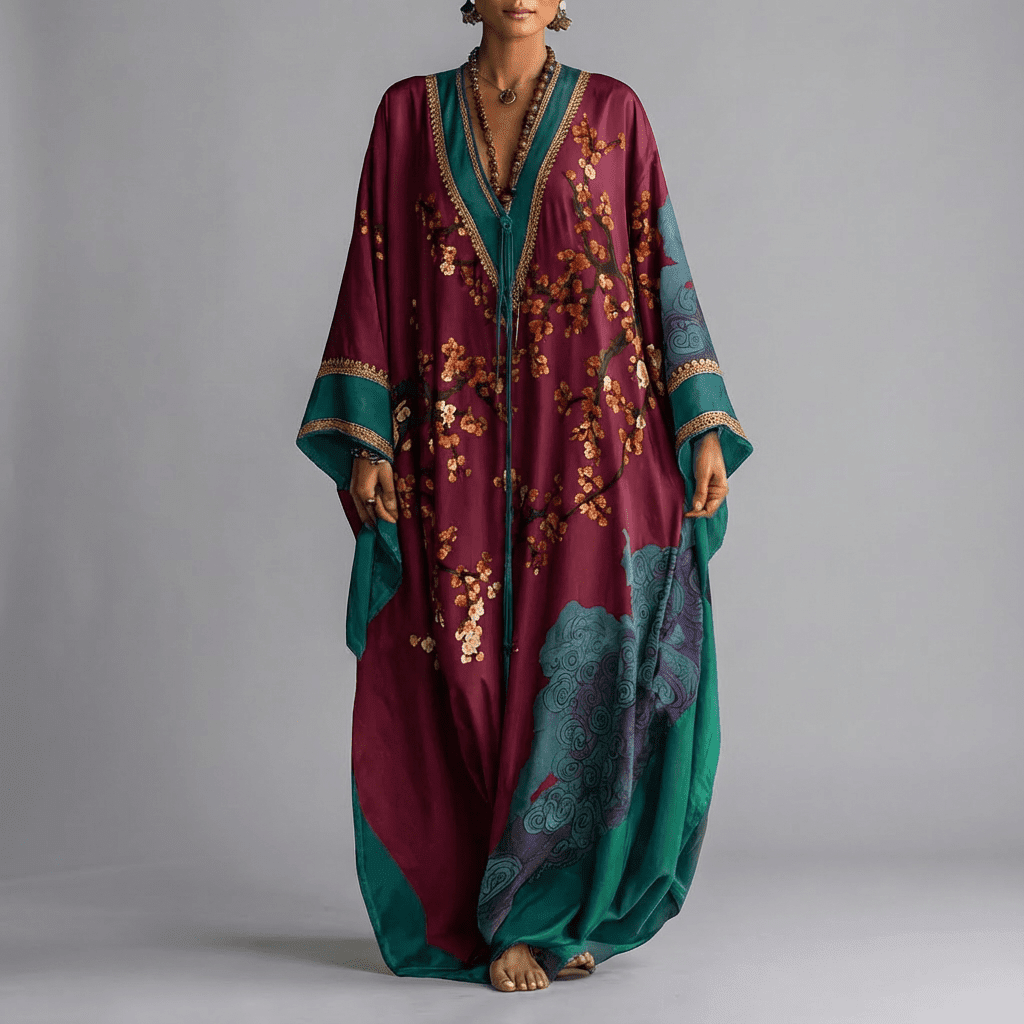 Women's Plum Blossom Print Maxi Dress, Batwing Sleeve Flowy Vacation Dress