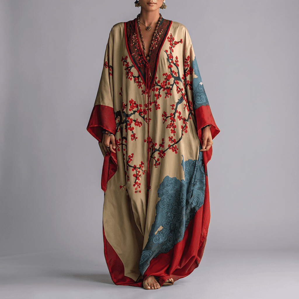 Women's Plum Blossom Print Maxi Dress, Batwing Sleeve Flowy Vacation Dress