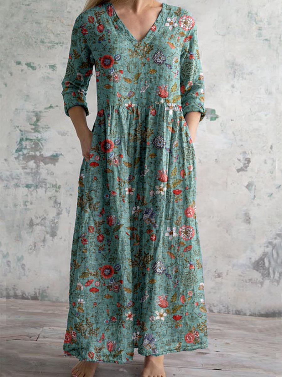 Women's Boho Floral Print Midi Dress, Flowy V-Neck Summer Dress