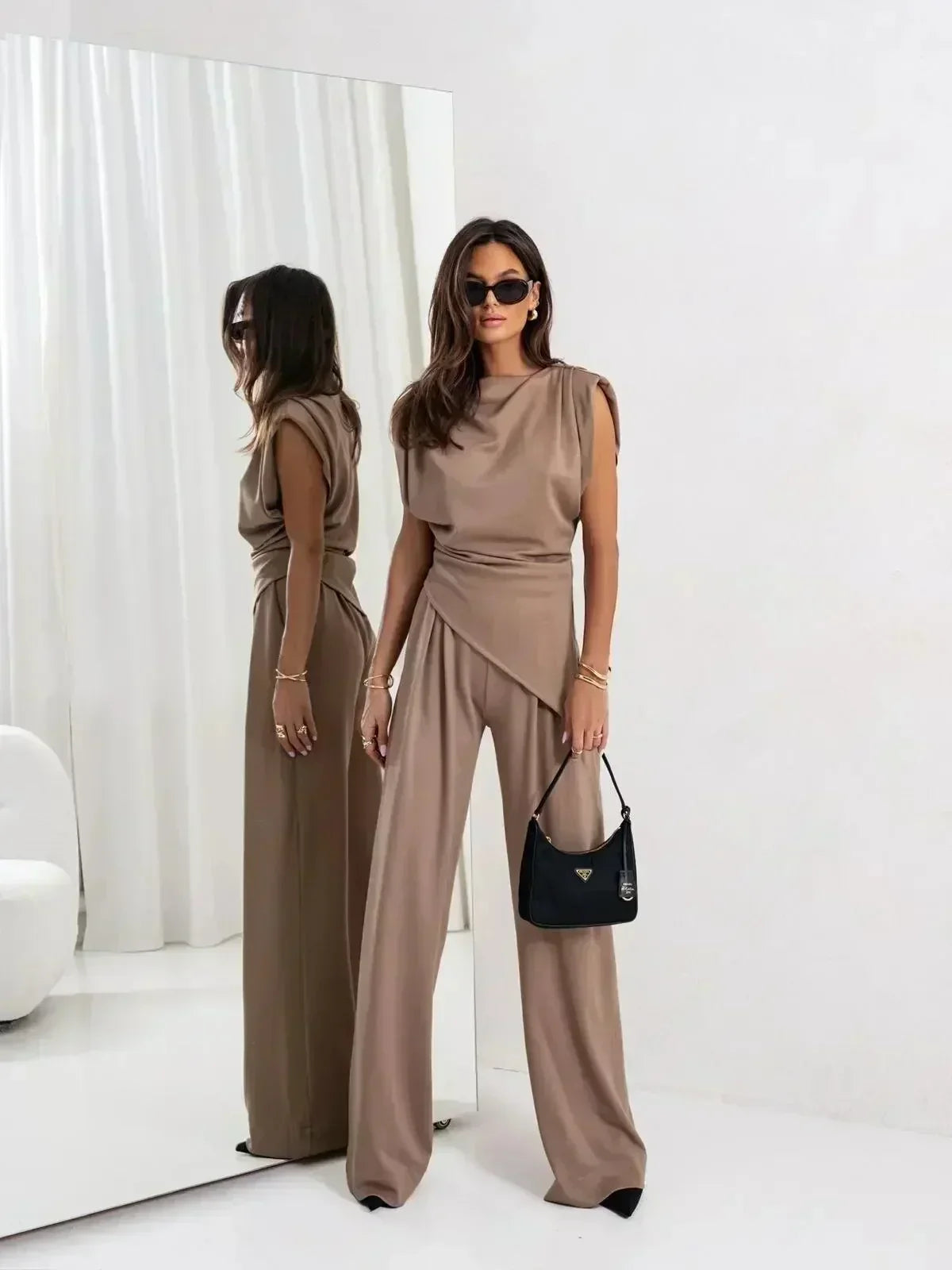 Diann | Women's Draped Top Two-Piece Set, Wide-Leg Trousers Outfit for Dinner