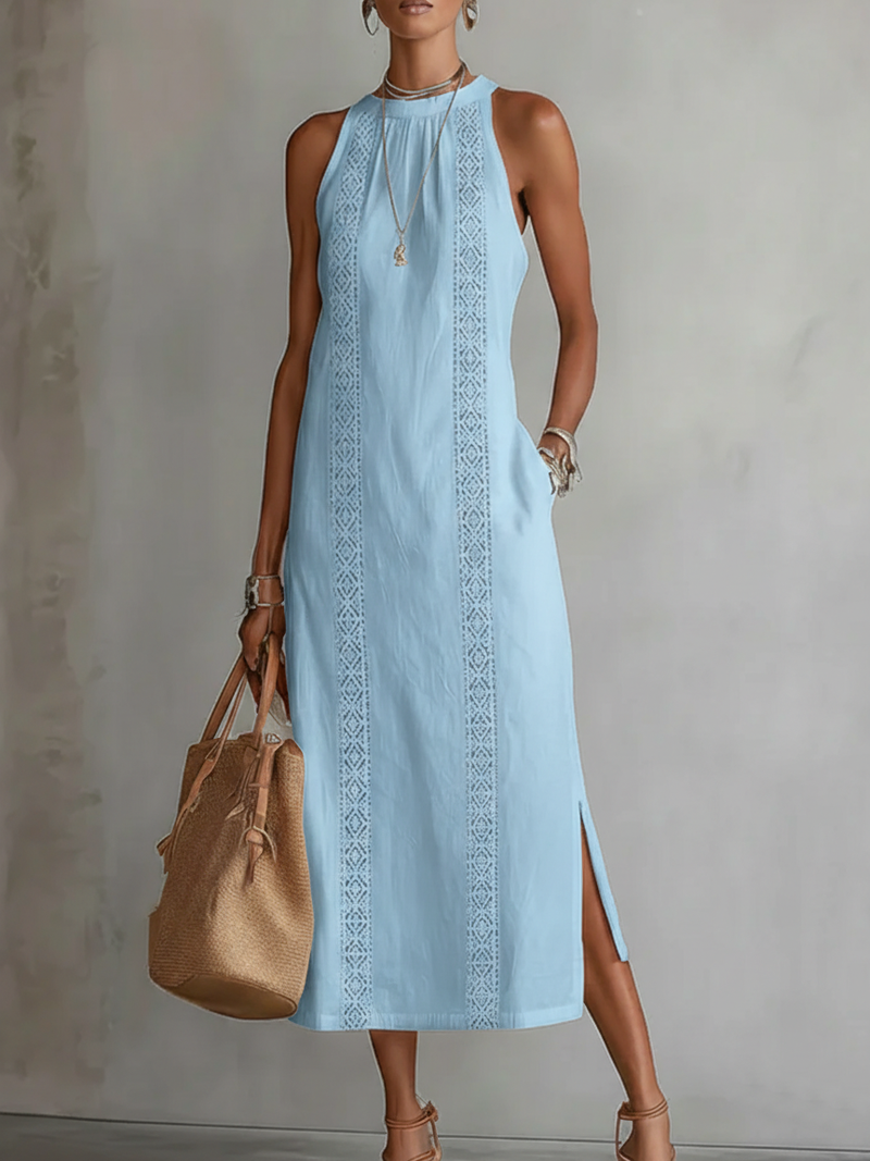 Diana | Women's Sleeveless Midi Dress, Mandarin Collar Lightweight Summer Dress