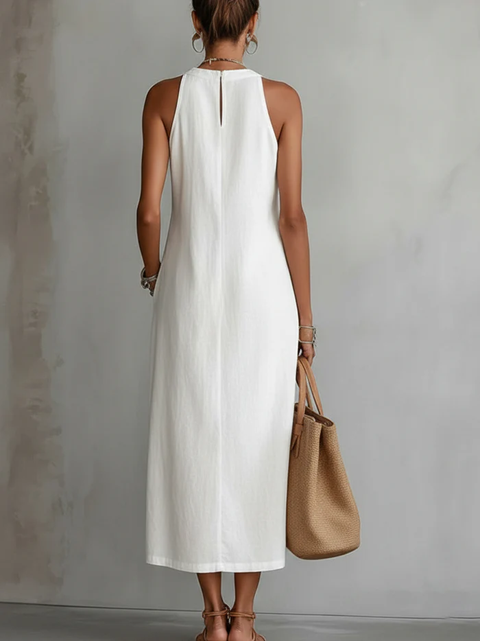 Diana | Women's Sleeveless Midi Dress, Mandarin Collar Lightweight Summer Dress