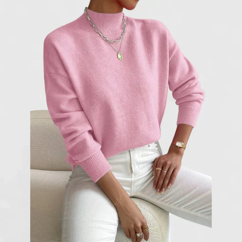 Isla | Women's Pink High Neck Knit Sweater, Soft Cozy Minimalist Sweater