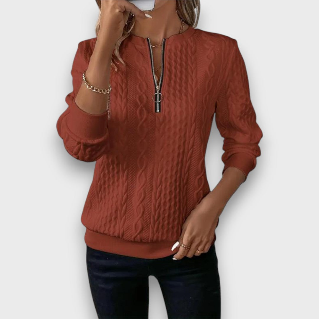 Carrie | Women's Cable Knit Zip-Front Sweater, Textured Casual Layering Sweater