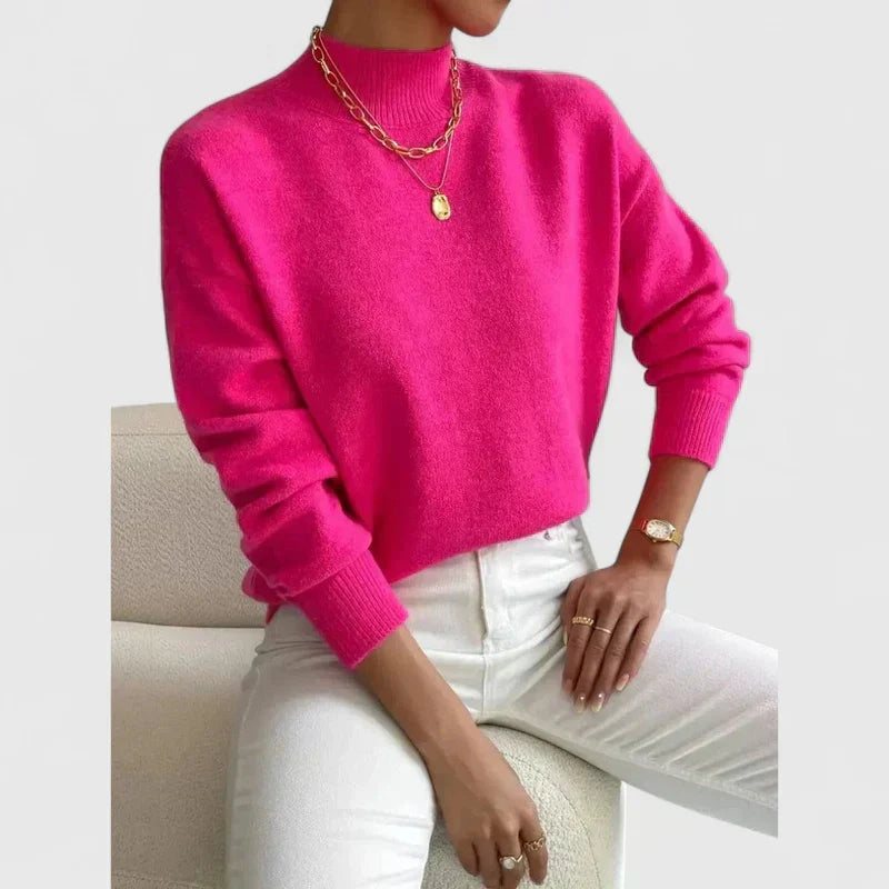 Isla | Women's Pink High Neck Knit Sweater, Soft Cozy Minimalist Sweater