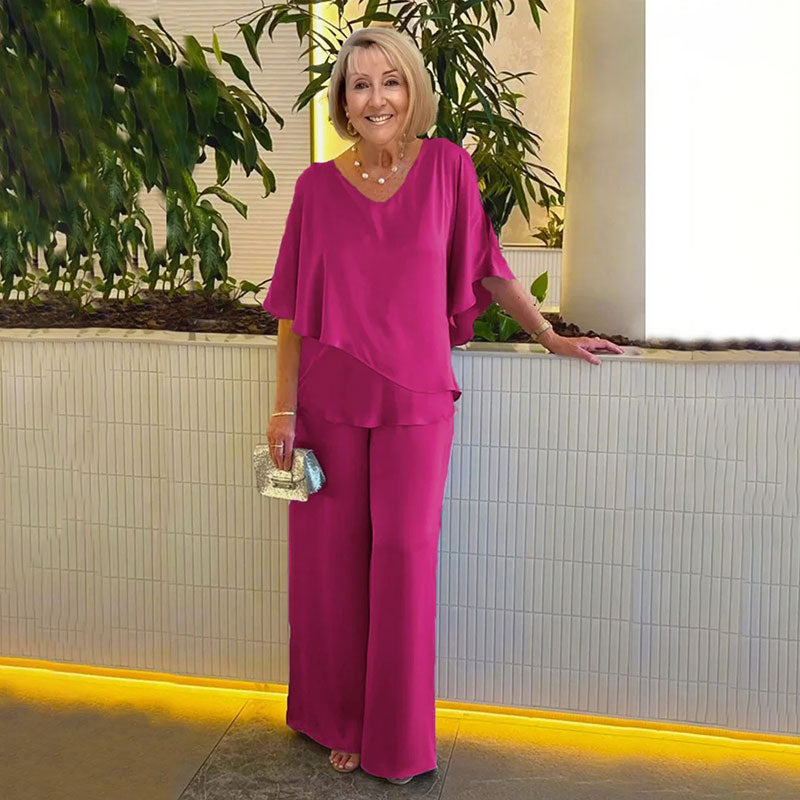 Sarina | Women's V-Neck Two-Piece Set, Relaxed Trousers Outfit for Parties