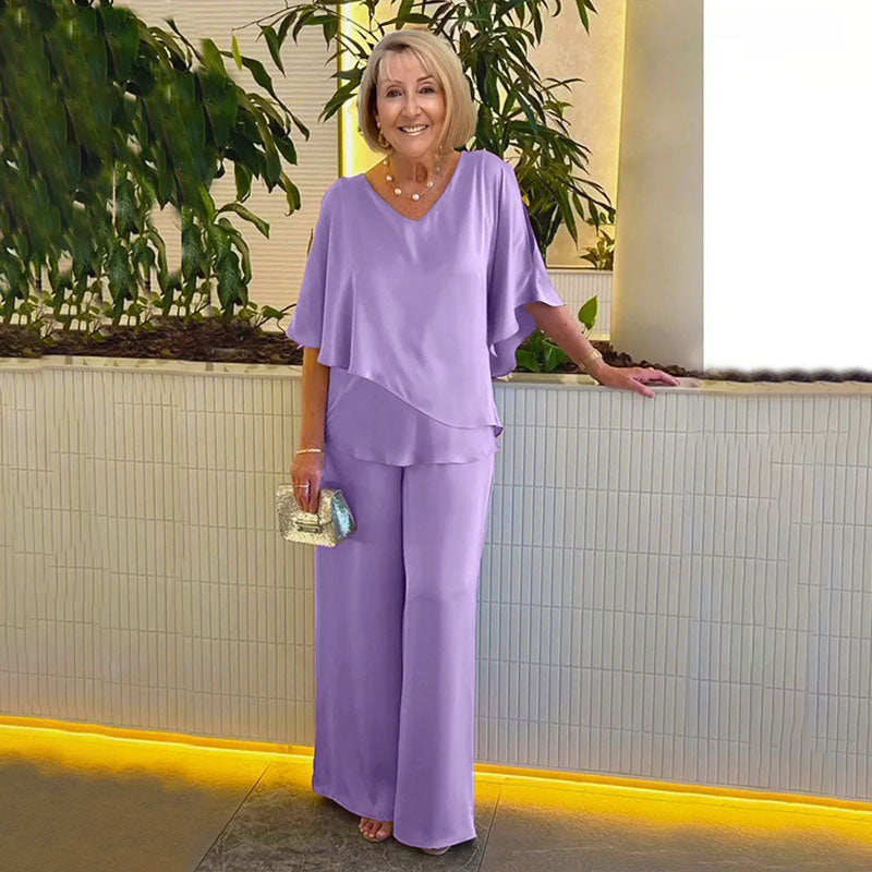 Sarina | Women's V-Neck Two-Piece Set, Relaxed Trousers Outfit for Parties