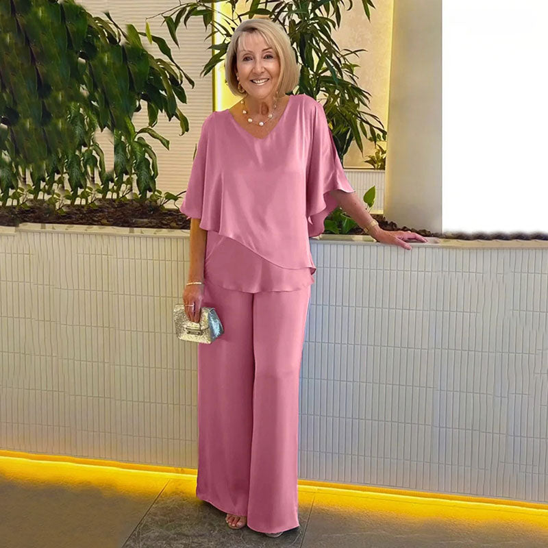 Sarina | Women's V-Neck Two-Piece Set, Relaxed Trousers Outfit for Parties