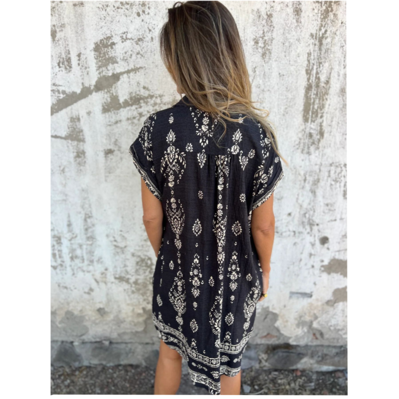 Seabreeze | Women's Cotton Linen Boho Dress, A-Line Three-Quarter Sleeve Summer Dress
