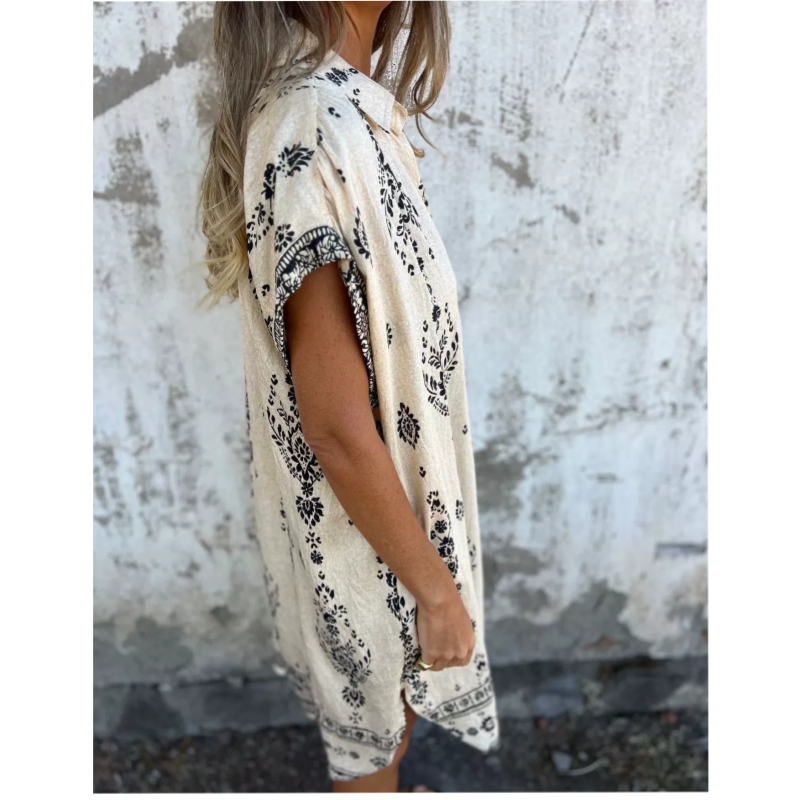 Seabreeze | Women's Cotton Linen Boho Dress, A-Line Three-Quarter Sleeve Summer Dress
