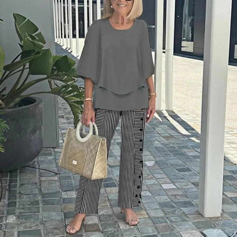 Wenda | Women's Relaxed Fit Two-Piece Set, Elastic Waist Wide-Leg Trousers Outfit